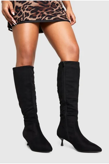 Wide Fit Low Heel Pointed Toe Knee High Boots - black