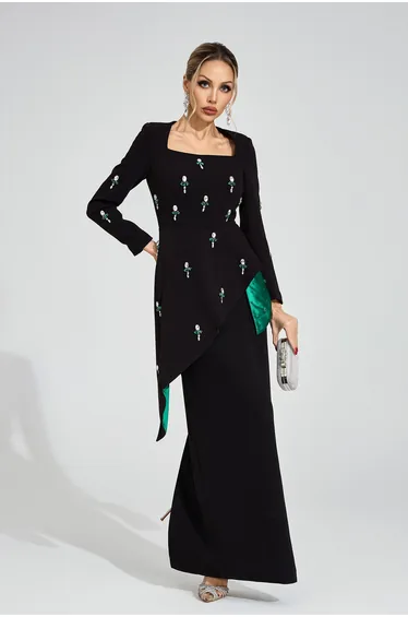 Marguerite Black Ruffle Maxi Dress