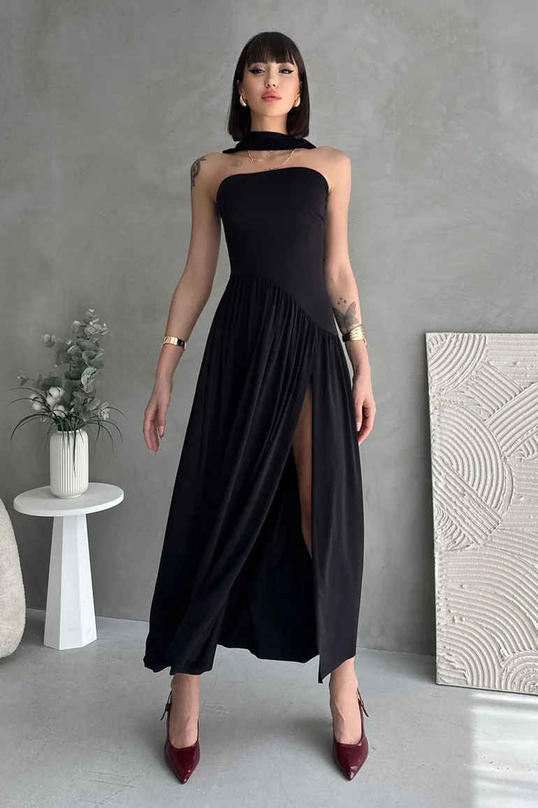 Black A-Line Shawl Detailed Strapless Maxi Elegant Evening Night Graduation Dress - 2