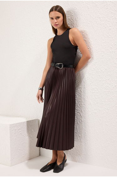 Brown*001 Straight Flared Pleated Maxi Skirt