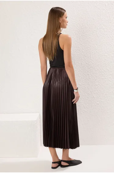 Brown*001 Straight Flared Pleated Maxi Skirt