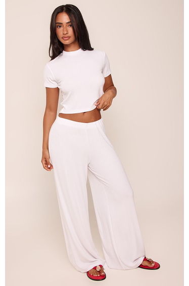 Petite White Modal Ribbed Mid Rise Wide Leg Trousers
