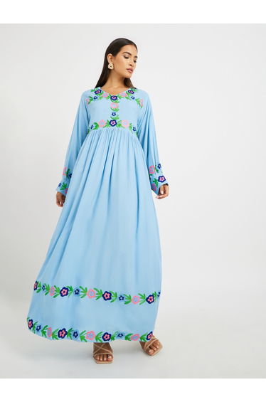 Embroidered V Neck Gathered Jalabiya