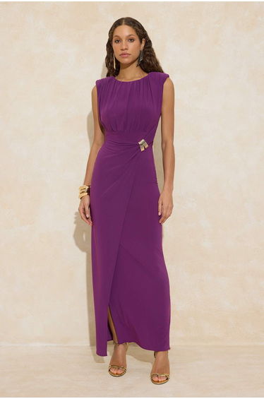 Purple Plain Accessory Detailed Maxi Evening Dress & Graduation Dress