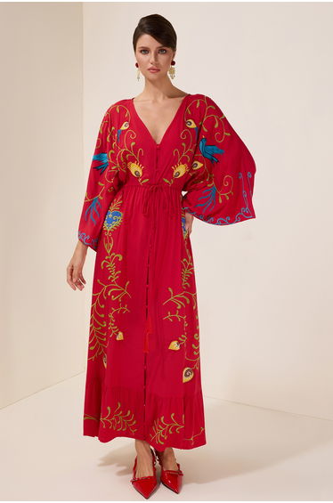 Embroidered V-Neck Single Breasted Maxi Dress With Belt
