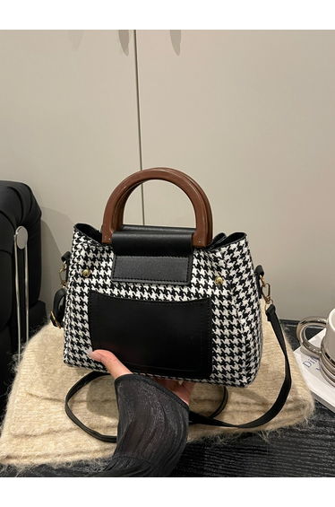 Houndstooth Handbag with Black Accents and Adjustable Strap