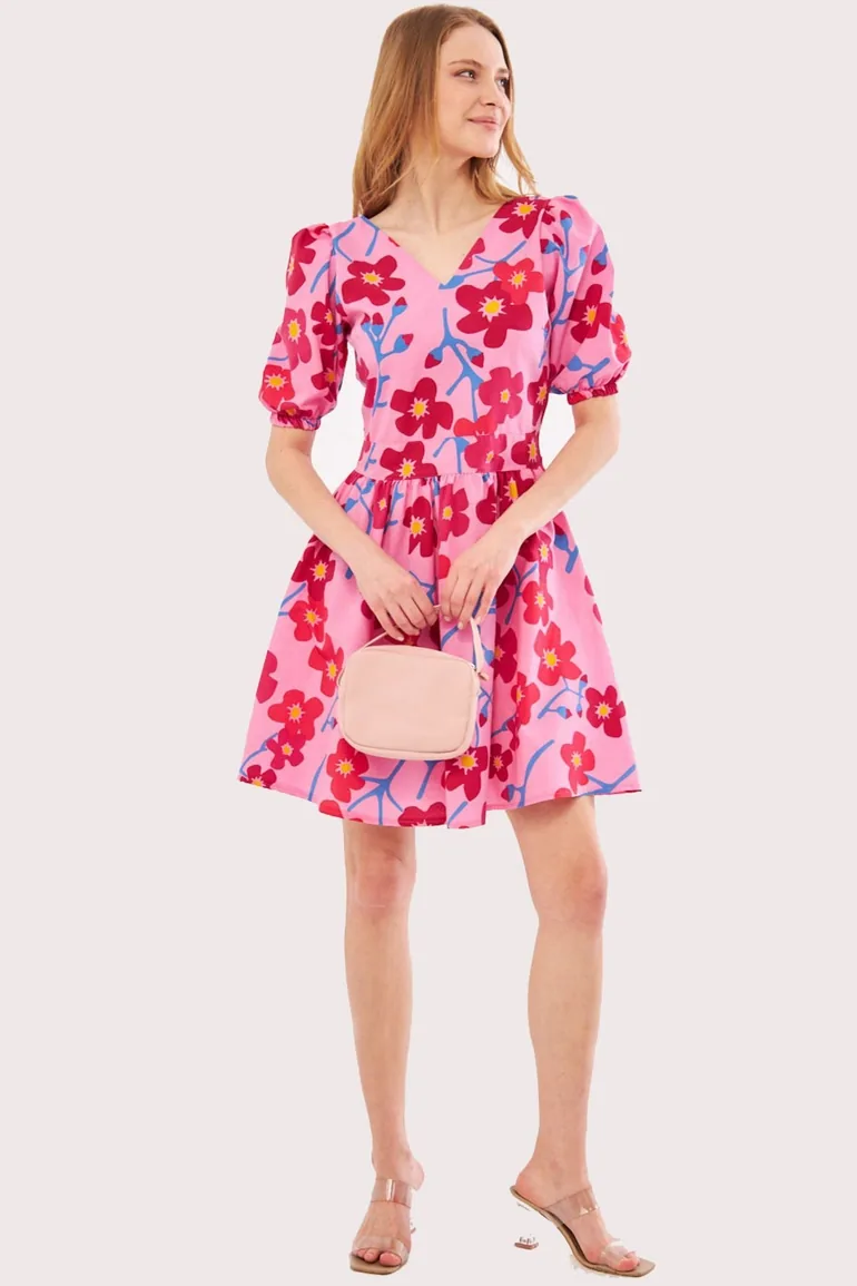 Women's Pink Front Back V Neck Balloon Sleeve Belt Detailed Patterned Mini Dress ARM - 1