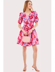 Women's Pink Front Back V Neck Balloon Sleeve Belt Detailed Patterned Mini Dress ARM - 1