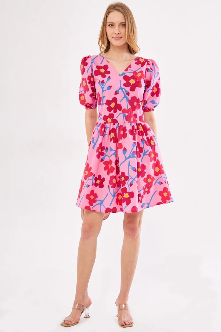 Women's Pink Front Back V Neck Balloon Sleeve Belt Detailed Patterned Mini Dress ARM