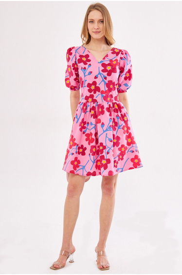 Women's Pink Front Back V Neck Balloon Sleeve Belt Detailed Patterned Mini Dress ARM