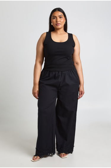 Plus Brodierie Cut Work Detail Wide Leg Trouser - black
