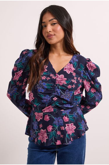 Petite Blue Floral Button Detail Printed Peplum Blouse