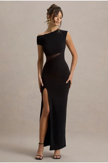 Emily | Black Asymmetric Split Maxi Dress With Mesh Detailing