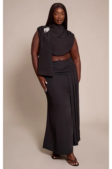 Plus Premium Black Woven Draped Fishtail Maxi Skirt