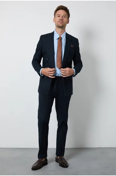 Navy Linen Slim Fit Suit Trousers