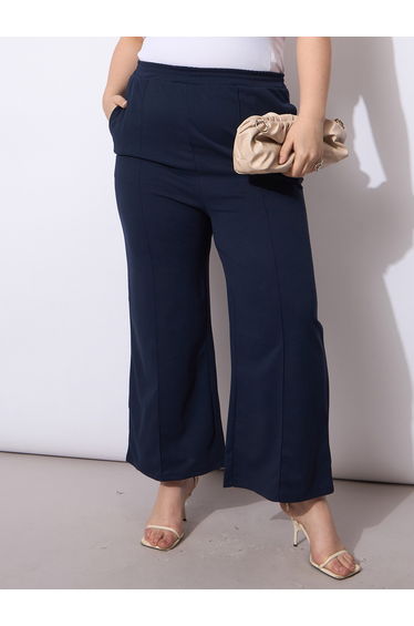 Plus Size Navy Blue Wide Leg Trousers