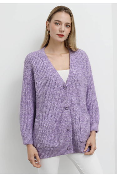 Pastel V-Neck Patch Pocket Knit Cardigan in Lilac
