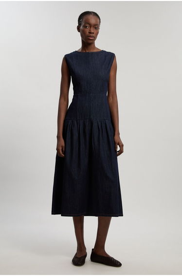 Denim Dropped Waist Full Skirted Midi Dress