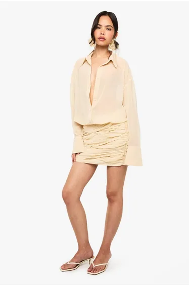 Chiffon Drop Waist Ruched Shirt Dress - butter