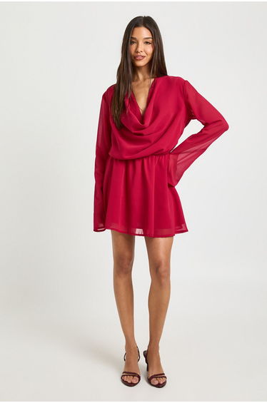Chiffon Deep Cowl Mini Dress - raspberry