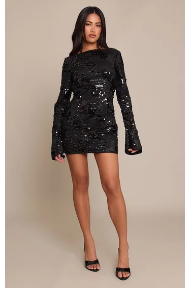 Black Glitter Boat Neck Long Sleeve Bodycon Dress