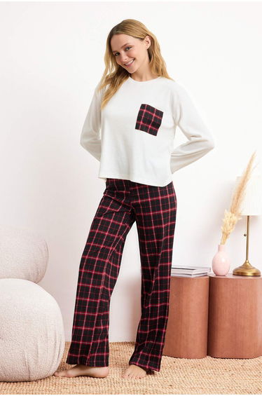 Ecru-Black 100% Cotton Plaid / Check Ribbed Knit Knitted Pajama Set