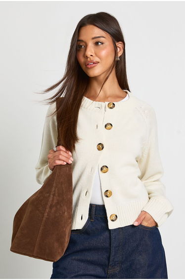 Crew Neck Knitted Chunky Cardigan - cream
