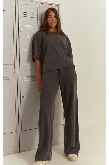 Charcoal Acid Wash Rib Panel Straight Leg Joggers