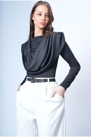 Women's Black Crew Neck Shoulders Draped Fixed Shawl Detailed Knitted Blouse