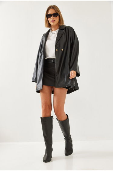 Women's Leather Raised Belted Trench Coat