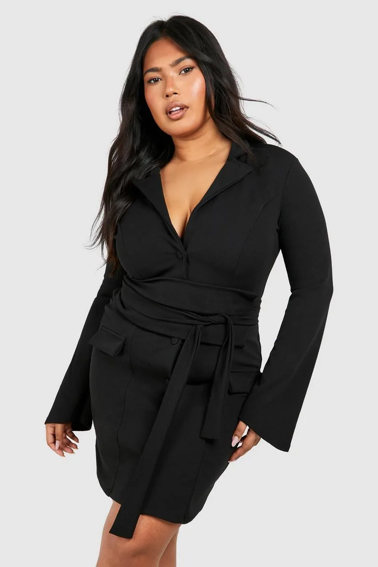 Plus Obi Waist Skort Blazer Dress - black - 1