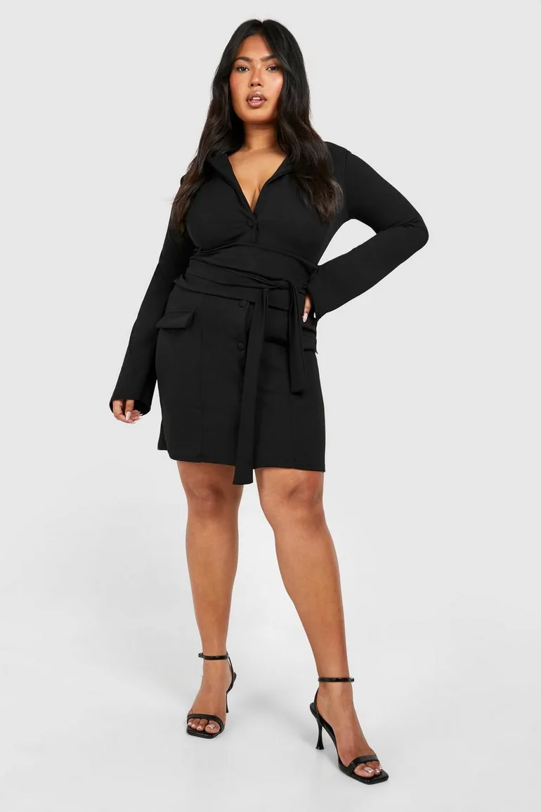 Plus Obi Waist Skort Blazer Dress - black