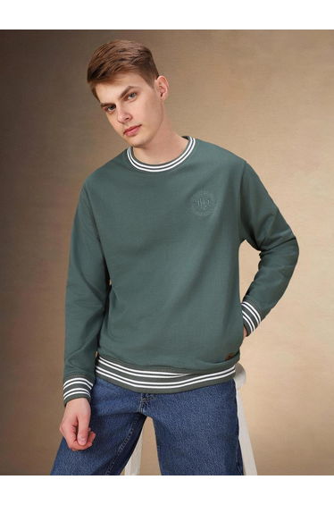 Men Olive Green Cotton Round Neck Sweatshirt