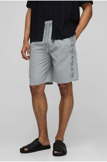 Elasticated Waist Straight Fit Floral Emboridery Linen Shorts - grey