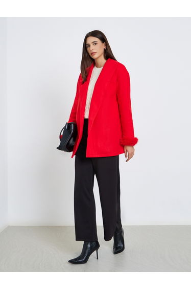Red Longline Wrap Coat with Faux Fur Trim