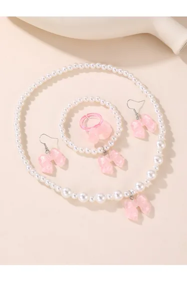 Girls Pink Bow Charm Pearl Beaded Necklace, Bracelet, Ring and Earrings Set