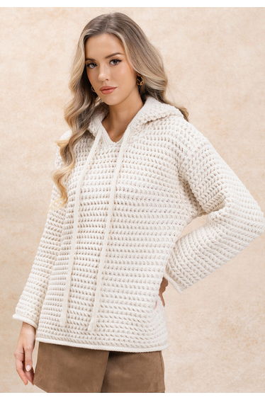 Rolled Edge Drawstring Hooded Chunky Knit Sweater in Ivory