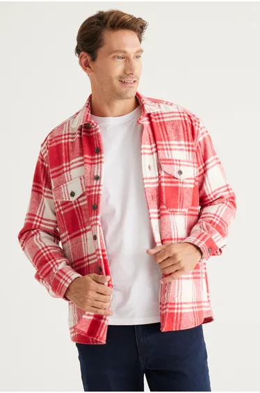 Red Ecru Oversize Loose Fit Shirt Jacket
