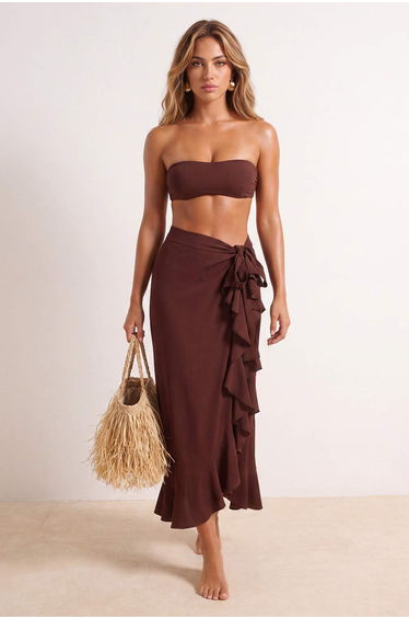 Brown Woven Flounce Maxi Beach Skirt