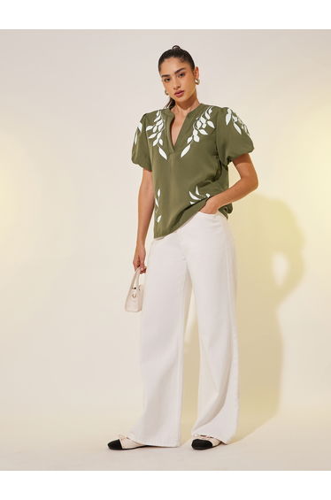 Graphic Print Puff Sleeves Blouse