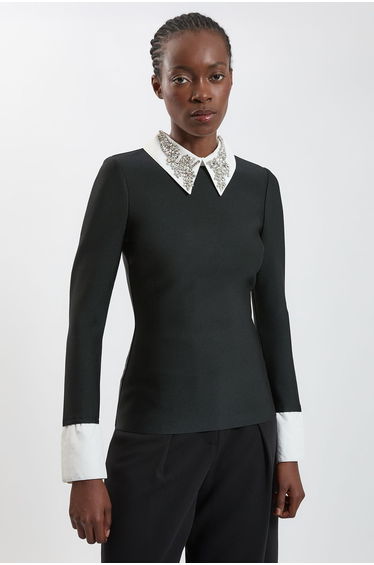 Figure Form Bandage Embellished Collar Knit Top