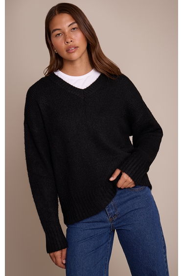Black V Neck Rib Detail Jumper