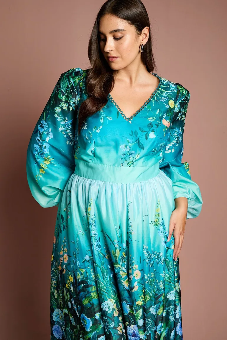 Plus V Neck Long Sleeve Placement Print Organza Midi Dress - 3