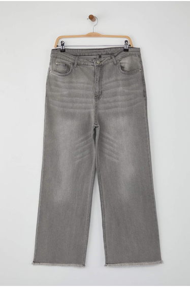 Gray High Waisted Dirty Tip Detailed Wide Leg Comfort Plus Size Wide Leg Jeans