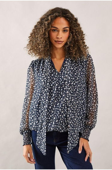 Floral Tie Neck Shirred Blouse