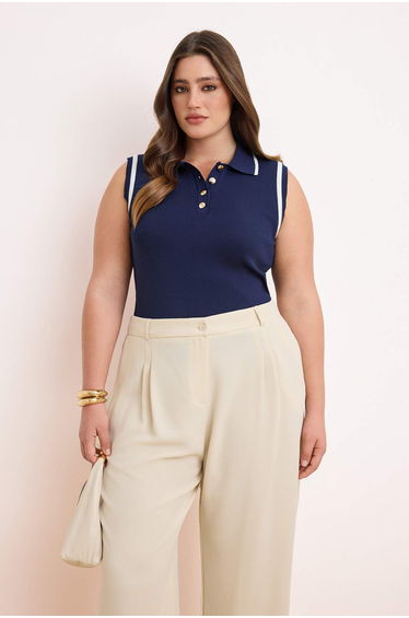 Navy Blue Polo Neck Stripe Detailed Thin Summer Knitwear Blouse