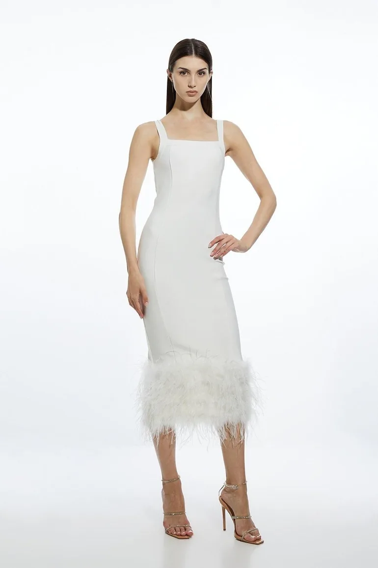 figure form bandage knit split feather hem midi dress Shop Figure Form Bandage Feather Hem Knit Midi Dress Online in Oman