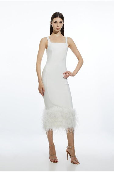 Figure Form Bandage Feather Hem Knit Midi Dress