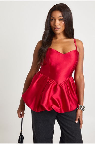 Plus Square Neck Puffball Top - red
