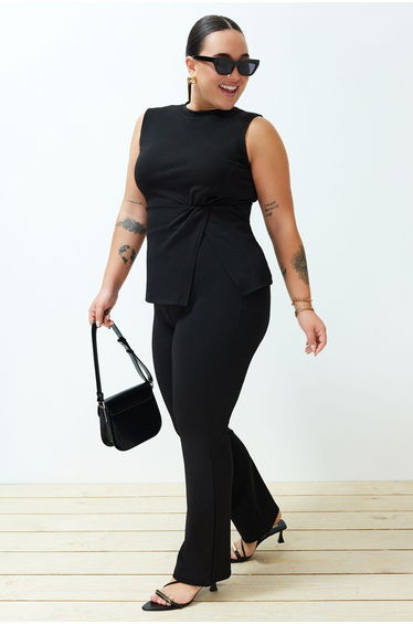 Black Slit Detailed Knitted Top and Bottom Set